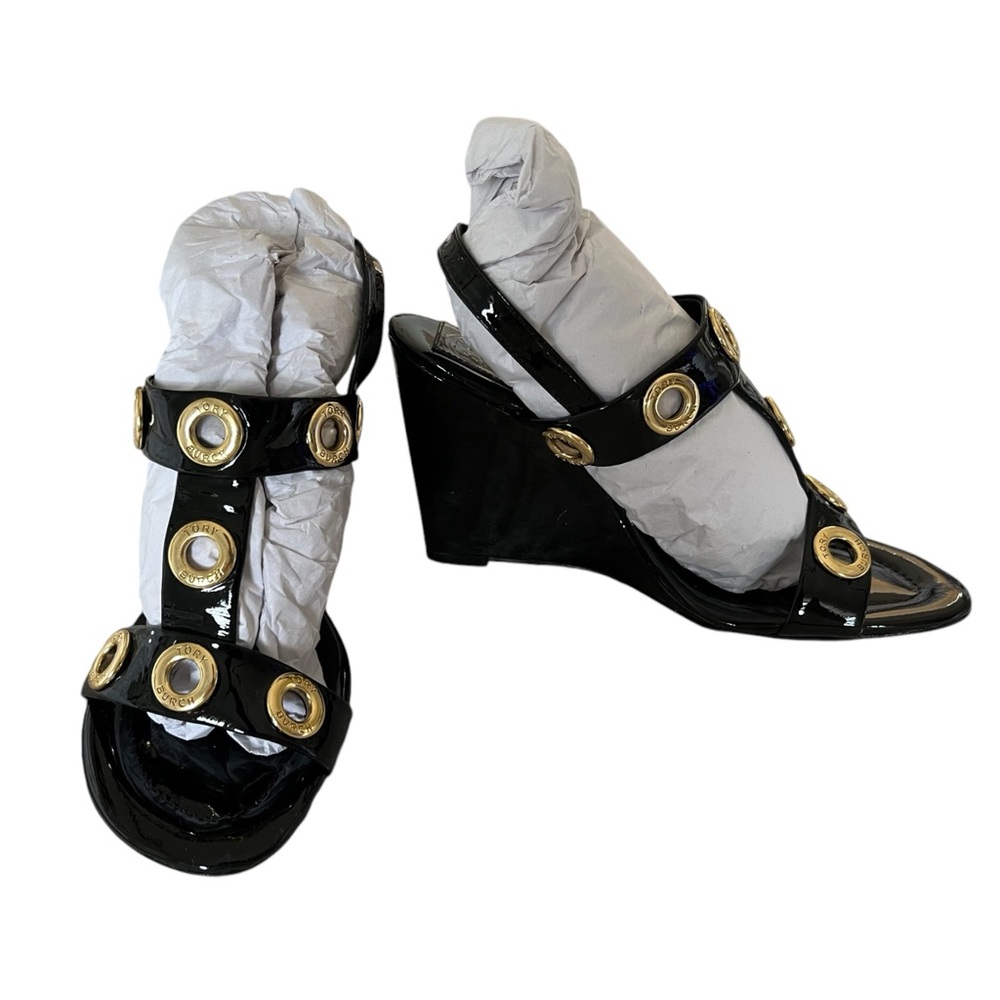 TORY BURCH NEW NIB PATENT LEATHER WEDGE SUMMER SHOES 6.5 - Picture 7 of 10